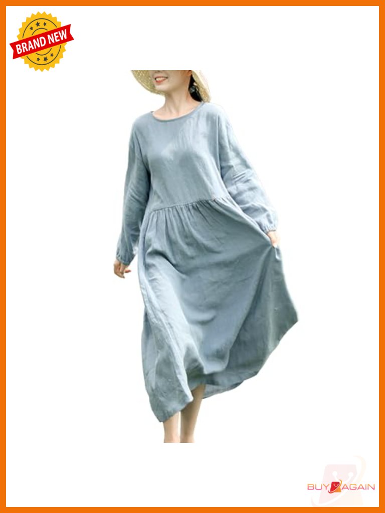 100% Linen Long Sleeve Maxi Dress With Pockets Boho Casual Loose Fit